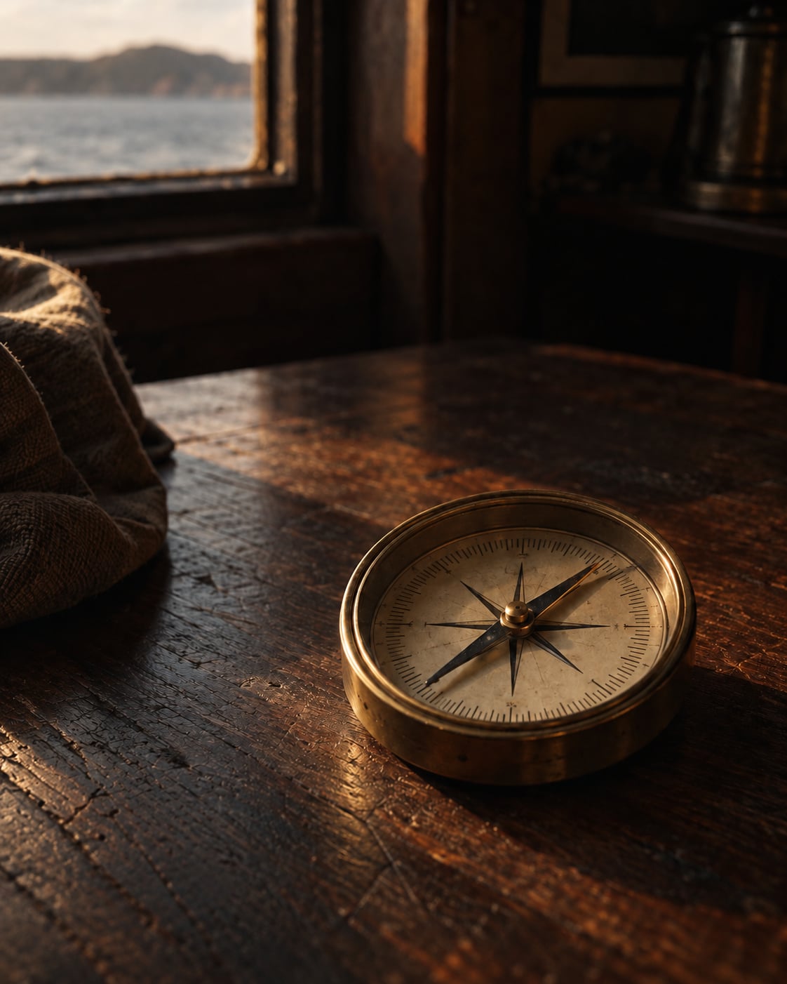An aged brass ship’s compass resting on dark wood in low warm light.