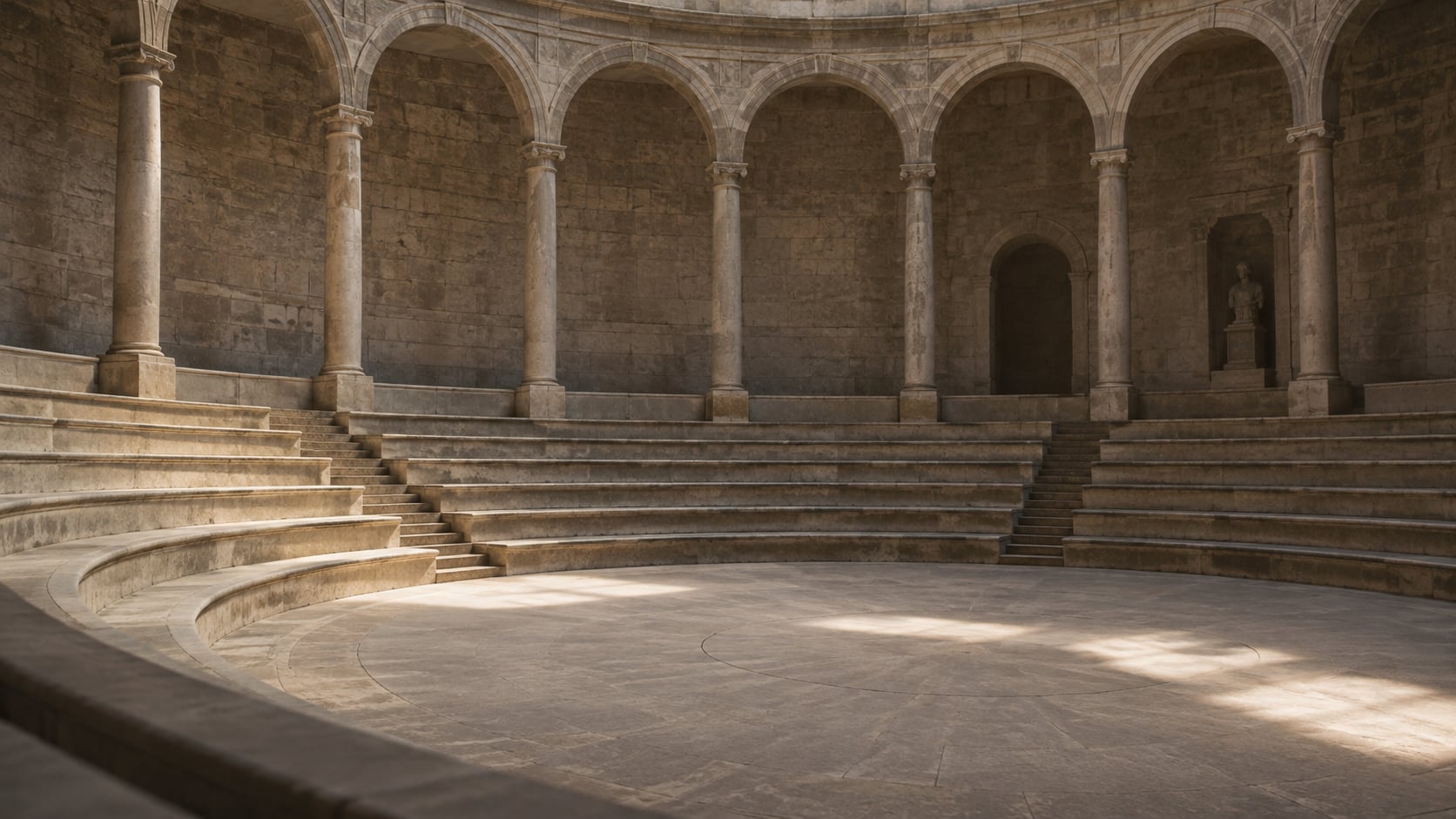 Empty concentric stone seats in a circular assembly hall under soft natural light.