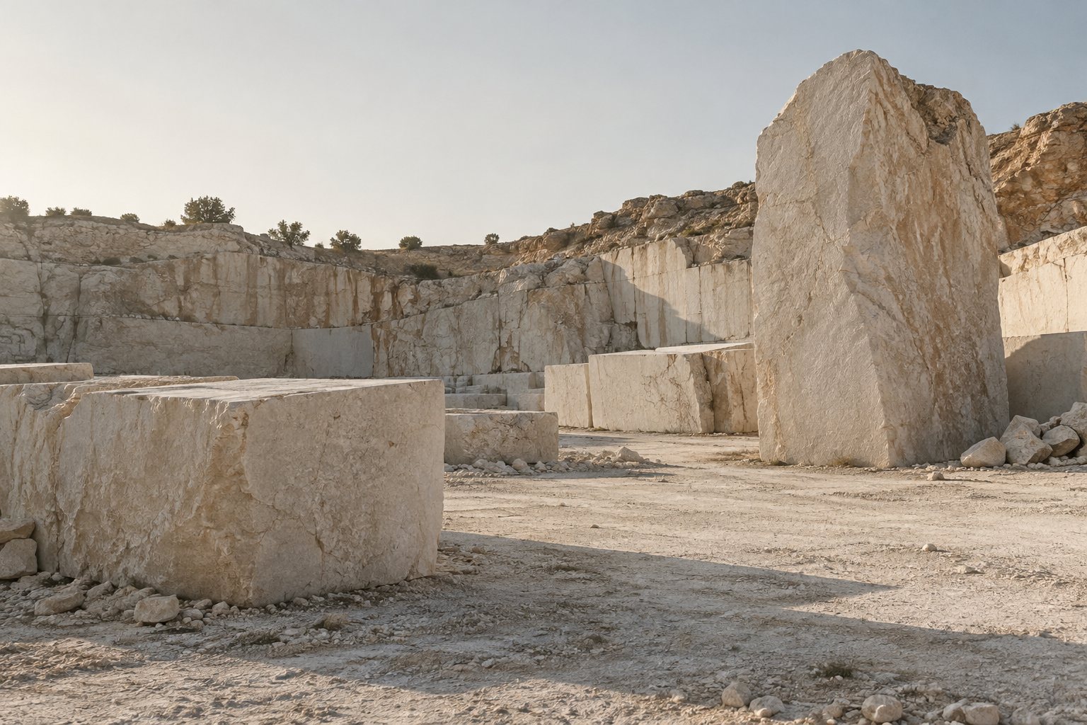 Rough-cut stone blocks in a quarry, their textures revealed by raking sunlight.