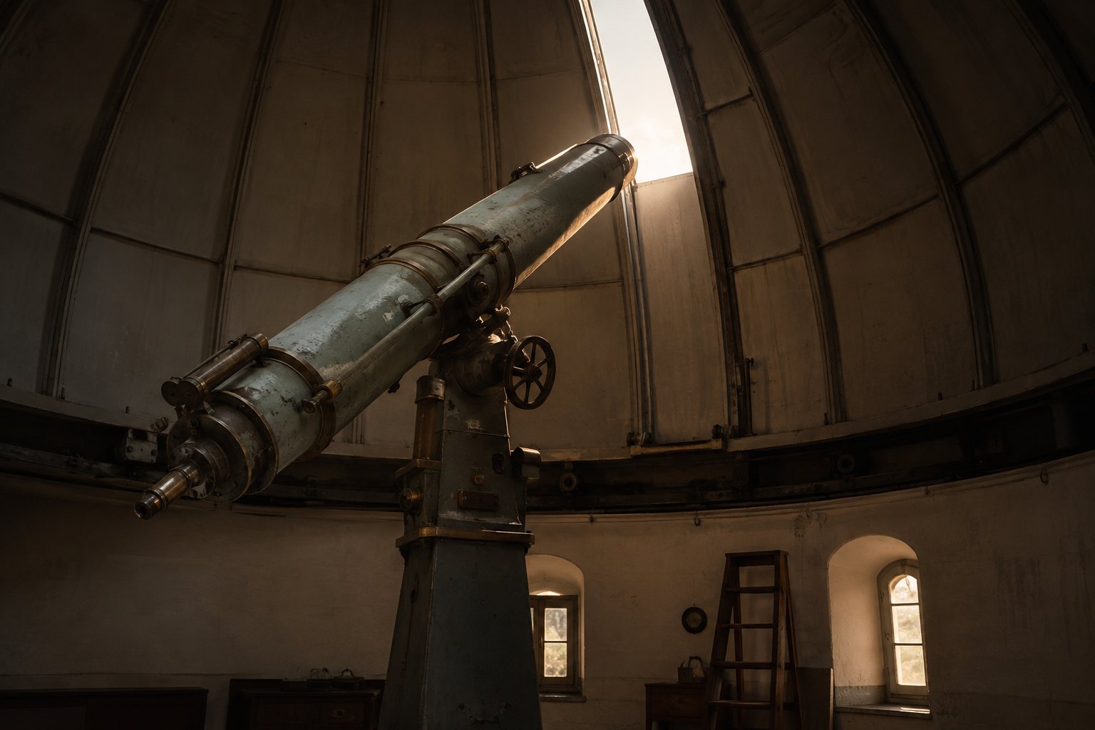 A telescope pointing through the open dome of a dim observatory.