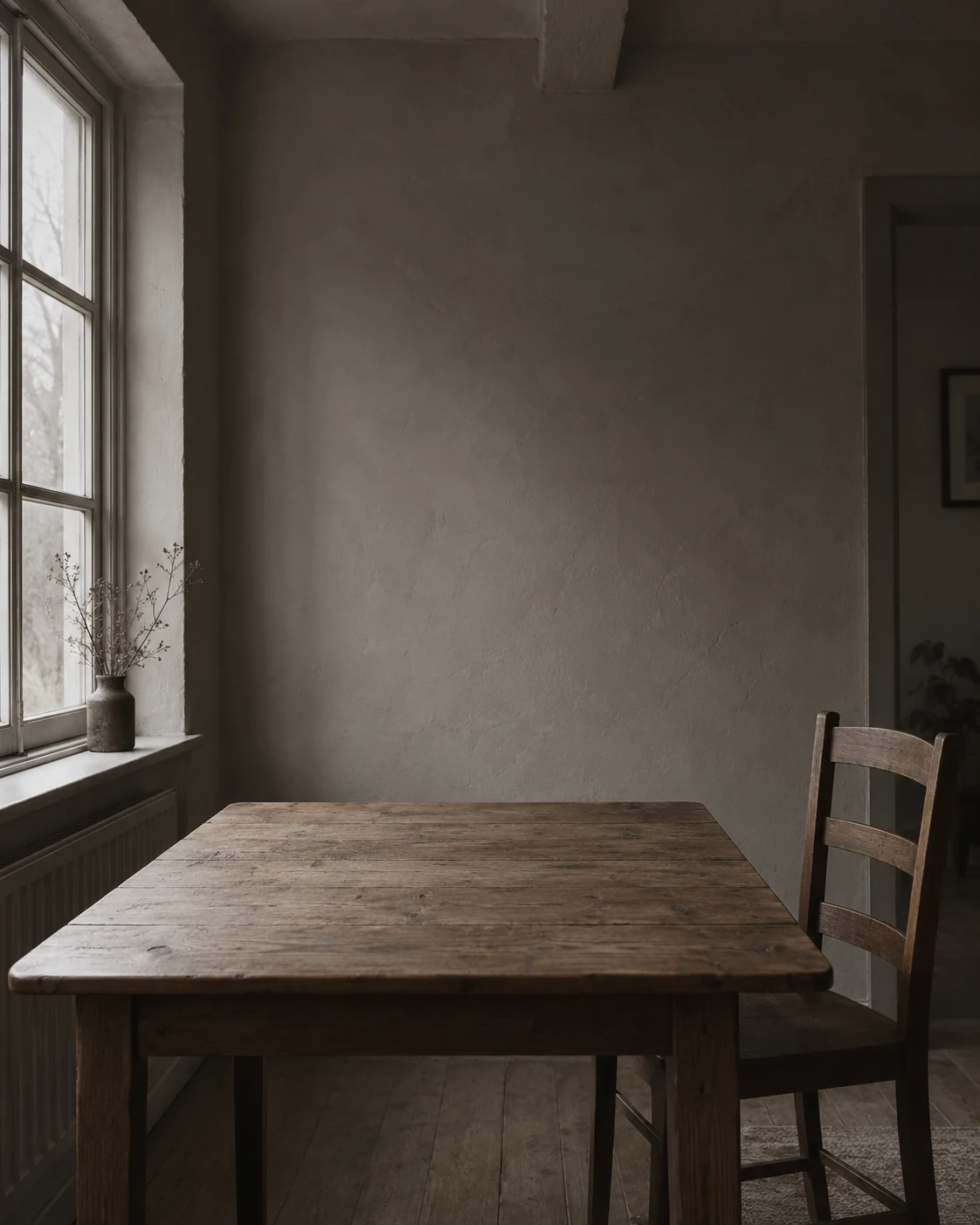 An empty kitchen table and chair in muted grey morning light.